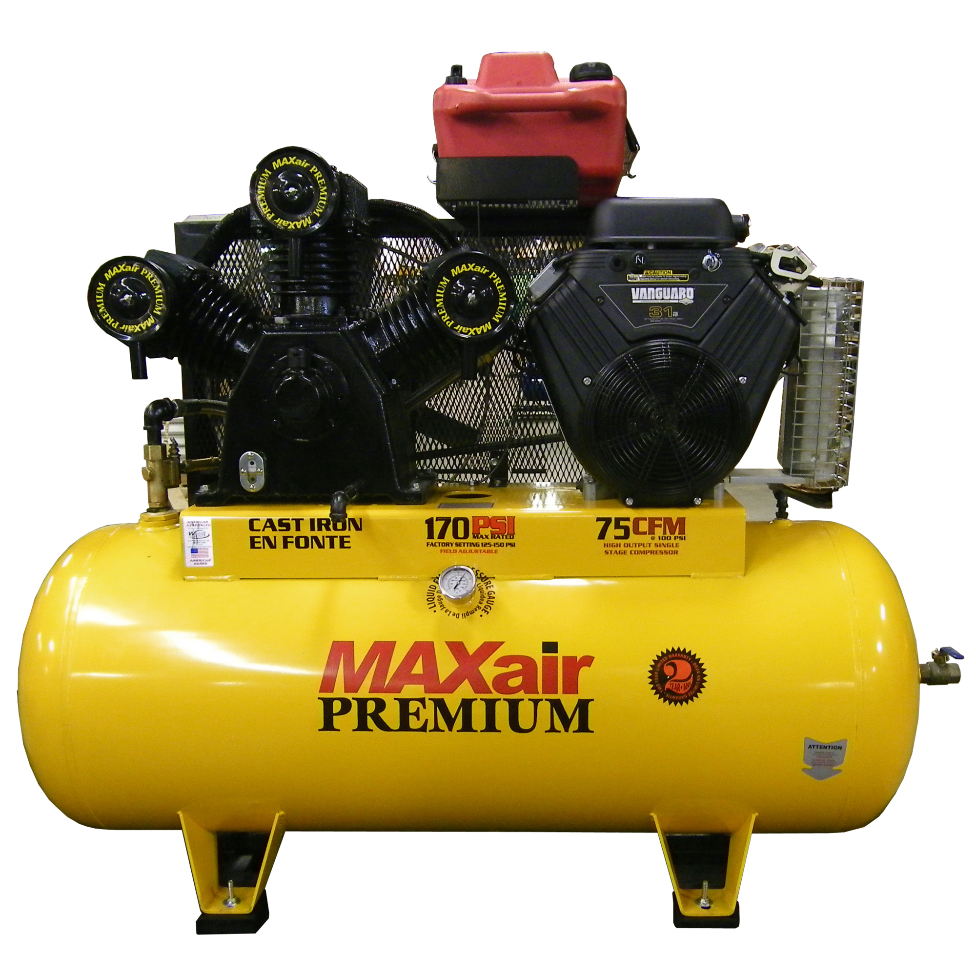 MAXair, 120 Gallon 75 CFM Premium Air Compressor, Horsepower 31 HP, Air Tank Size 120 Gal, Model# 31G120TRKE-H+MAP